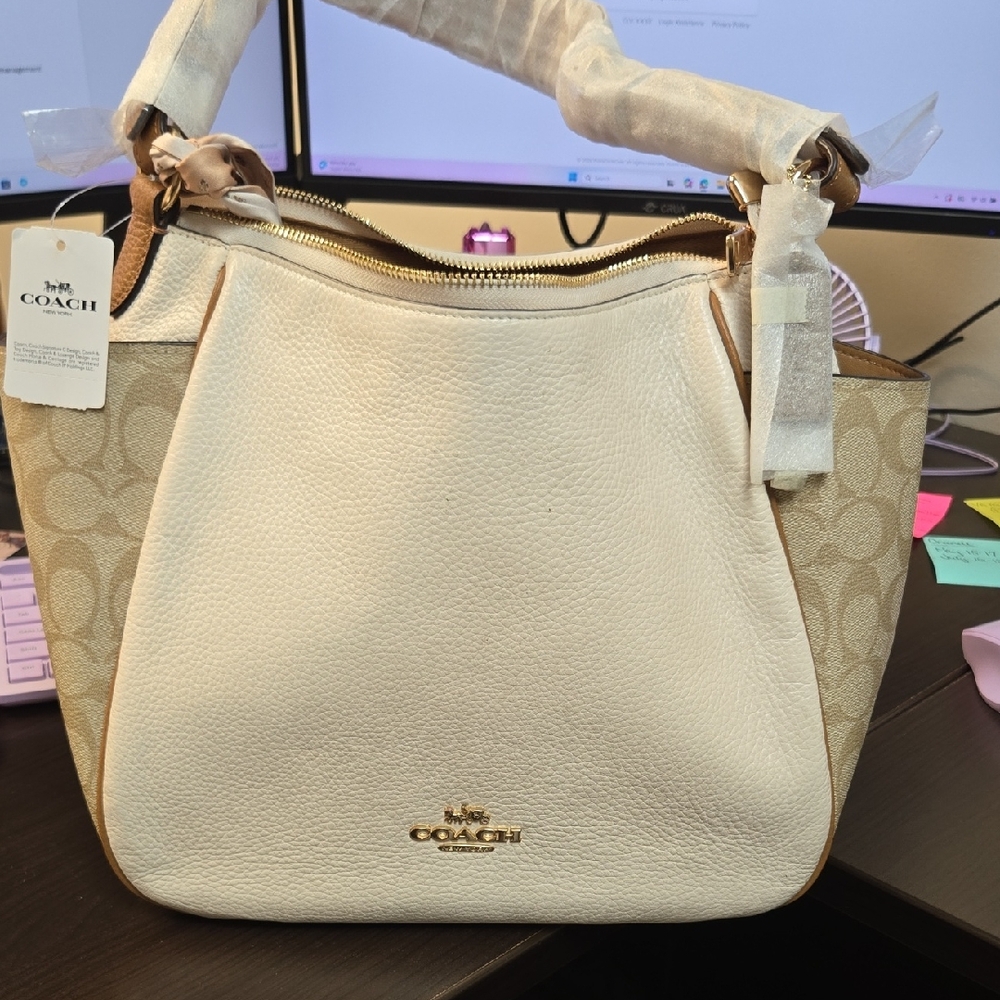 Coach Cream and Signature Canvas Shoulder Bag